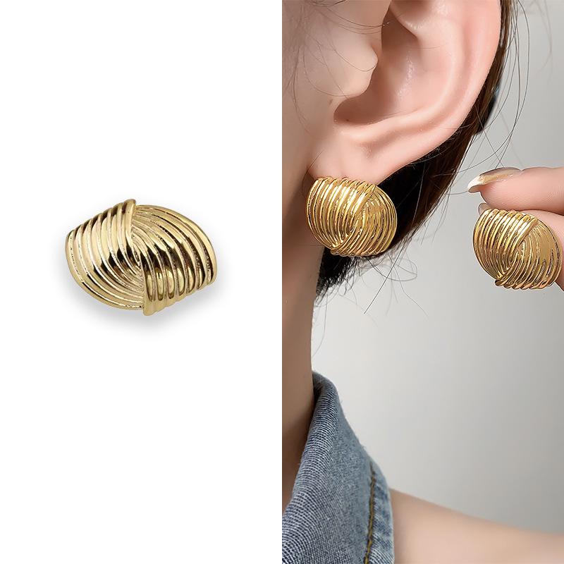 High-End Gold-Tone Fan-Shaped Stud Earrings with Symmetrical Texture