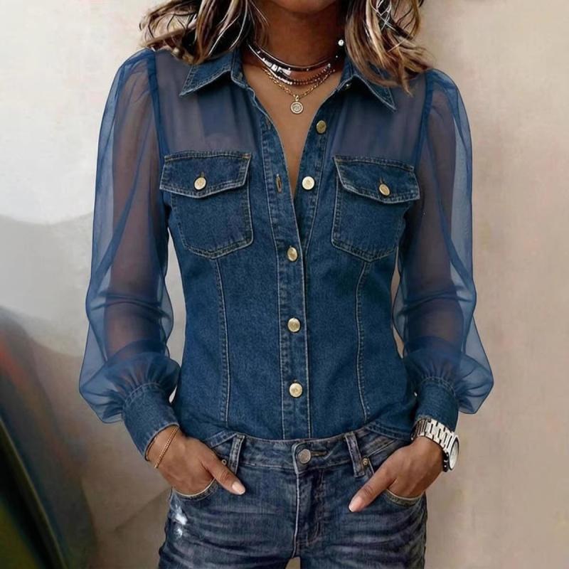 Spring New Women's Fashion Casual Faux Denim Patchwork Chiffon Long-sleeve Top