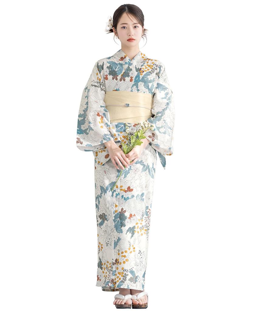 SOUBIEN Floro Yukata Set and Free Beginning of Summer Blooms X Women's 3-Piece (Yukata, Half-Width Obi, Geta), Size, Cream, Ykt10292-obh01971