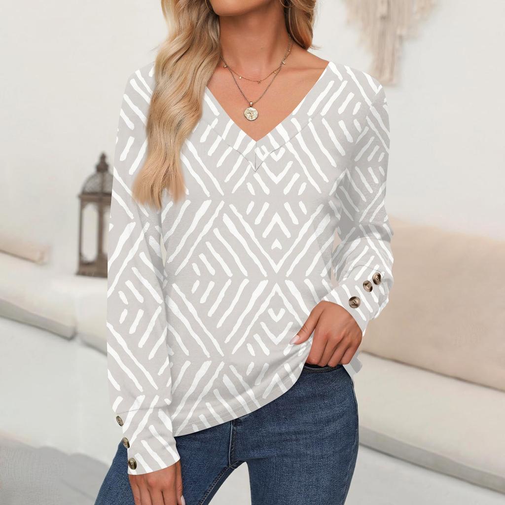 Damen Tops Blumendruck Langarmshirt V-Ausschnitt Casual Loose Tee Herbstkleidung