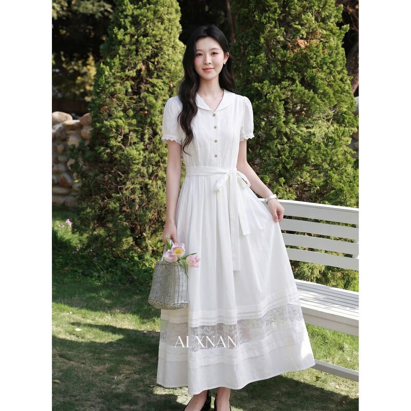 Women s Tencel Linen Lace A-Line Summer Dress S