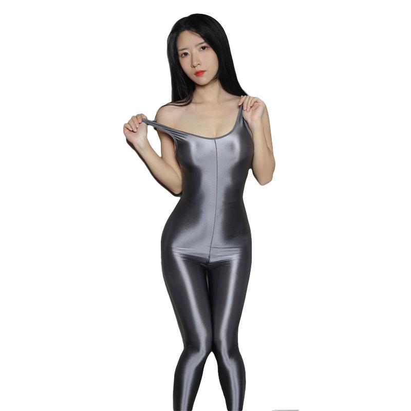 Sexy Women Shiny Sleeveless Full Bodysuit High Elasitc Clubwear Zipper Open Crotch Jumpsuit Oil Gloosy Sexy Tight Shaping F33