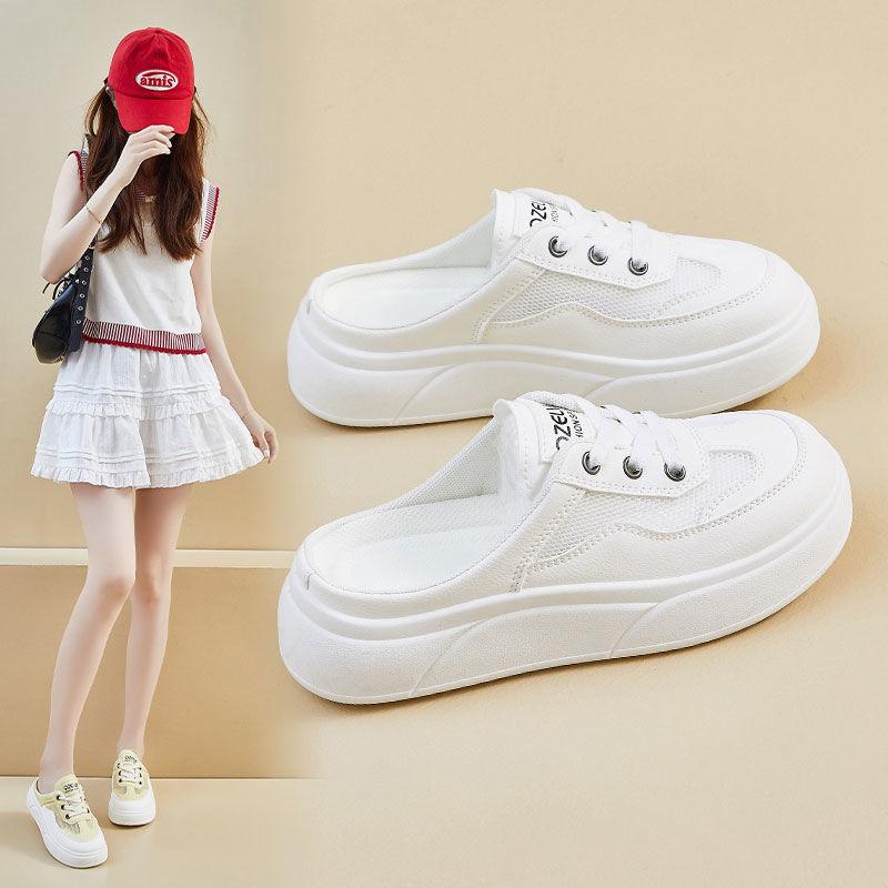 

Летняя женская обувь на толстой подошве с завышенным верхом, полушлепанцы, 2025 новинка, дышащие прохладные шлепанцы на одной педали, ленивая обувь без каблука 40 белый