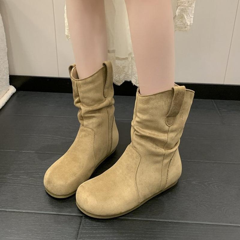 Vintage round head pleated medium tube women's boots suede small skinny boots women's sleeve knight boots