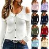Women's Color Off-Shoulder Long Sleeve Ribbed T-Shirt with Button