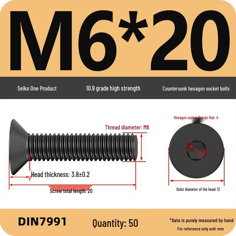

Black Grade 10.9 Countersunk Hex Socket Head Cap Screws - Flat Head in Sizes M6, M8, M10, M12, M16.