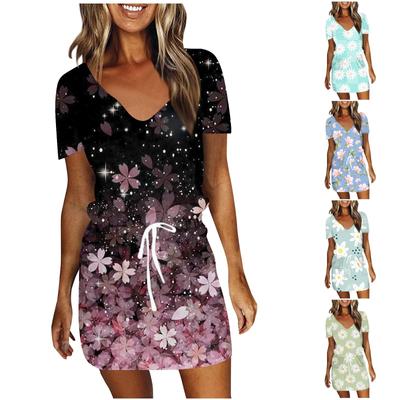 Women's Casual Printing Drawstring High Waist V-neck Short Sleeve  Dress
