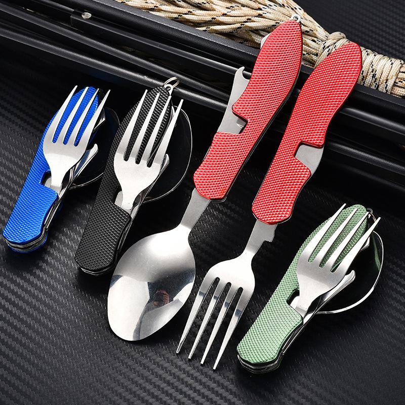 4 In 1 Tableware Foldable Stainless Steel Fork Spoon Knife Bottle Opener Portable Picnic Camping Hiking Travelling Dinnerware