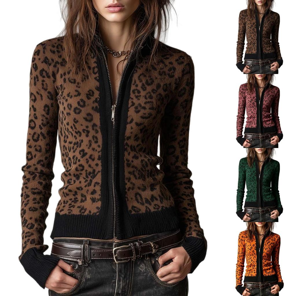Women's Retro Leopard Print Zip Up Slim Fit Cardigan – Vintage Fashion Knit Cardigan