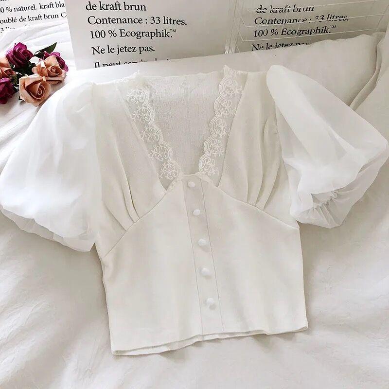 Sexy čipka Dámske tričká Čierna Biela Bubble Sleeve Girls Y2K Tričká Sexy Lady Ležérne tričká Módne topy