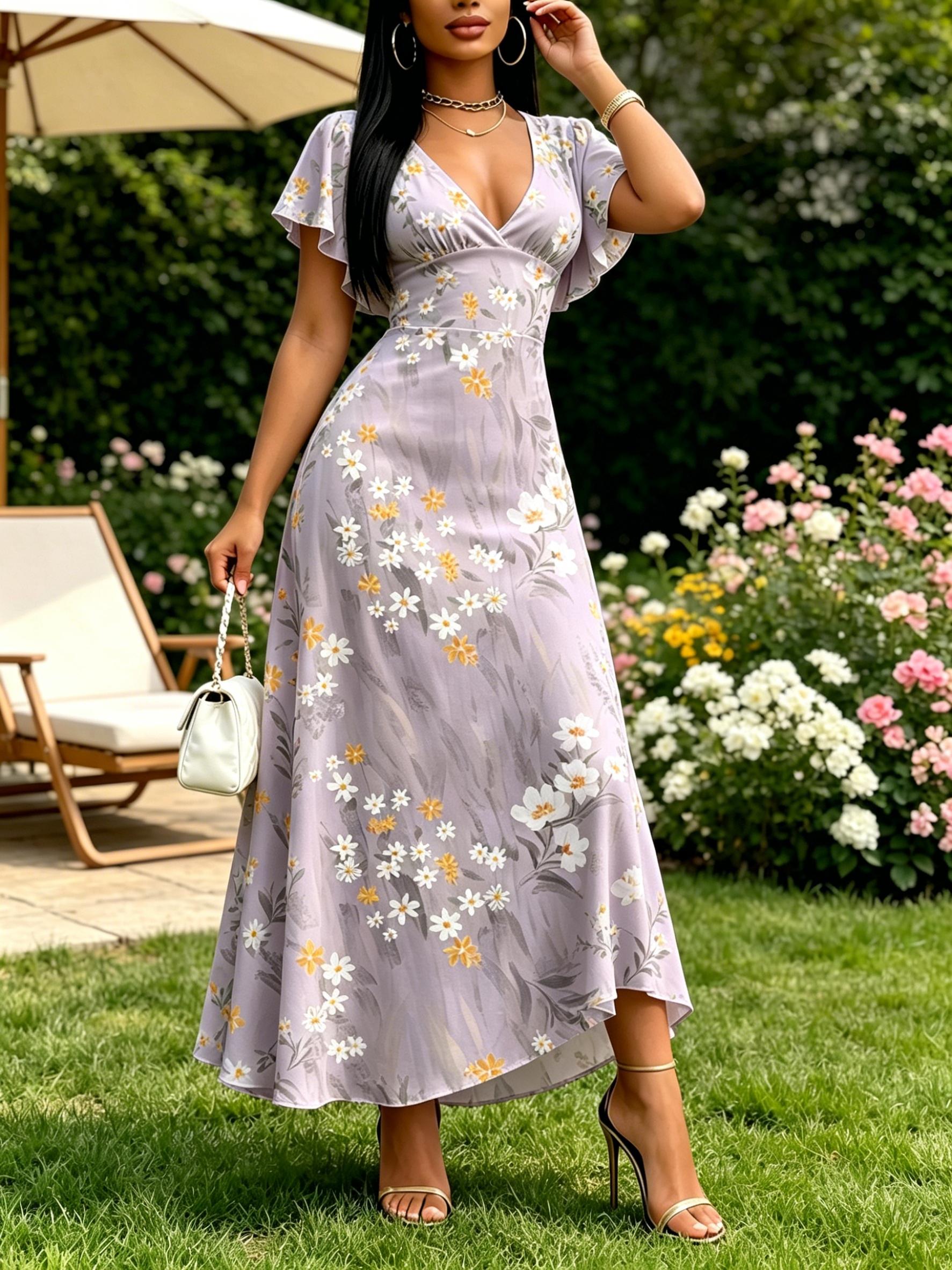 Women Floral Print Maxi Dress V Neck Flutter Sleeve Summer Party Casual Dress XS