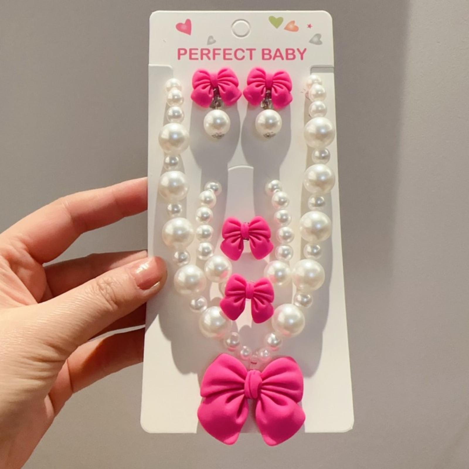 Cute Children s Necklace Set With Bow And Pearl, Girls  Jewelry, Student Gifts One Size