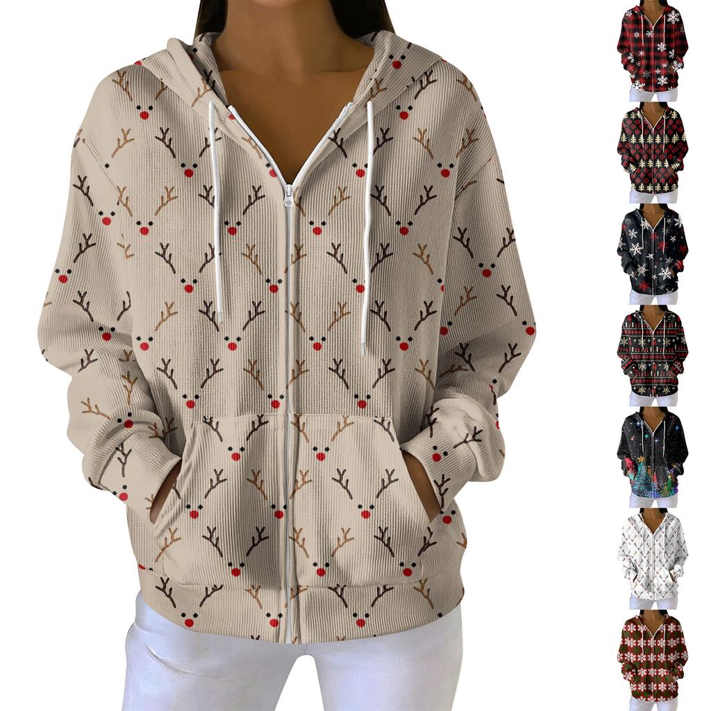 Women's Casual Fashion Long-Sleeved Zip-Up Christmas Print Knitted Hoodie