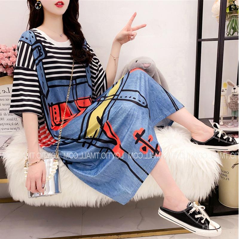 Women's Summer Short Sleeve Loose Cartoon Print Dress Fake Two Striped Suspenders T-shirt Dress