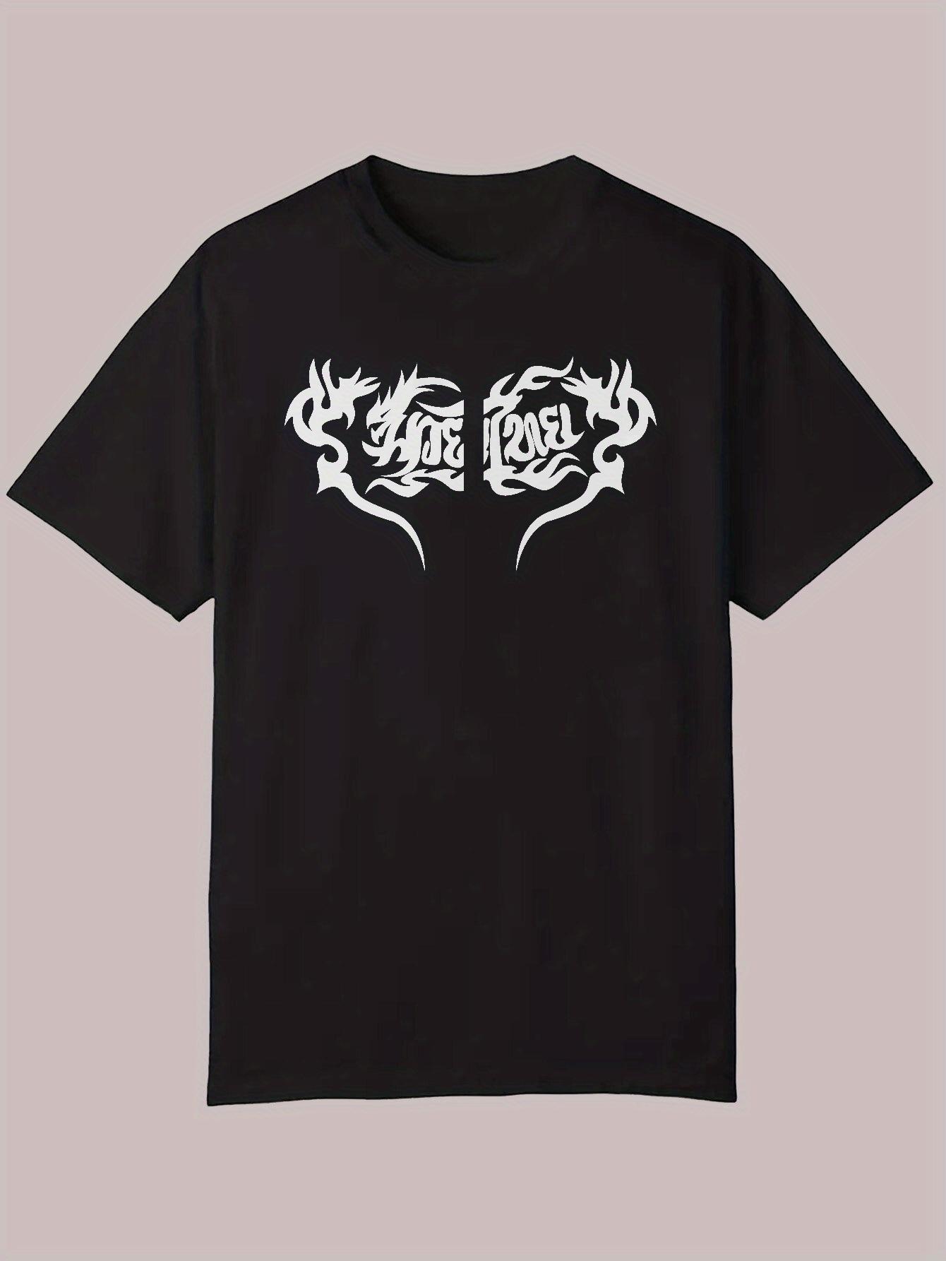 Summer Casual Graphic T-shirt - Black with White Flame & Text Print XXL