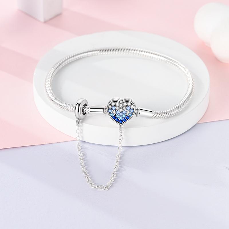 Authentic Original Bracelet High Quality Fine Jewelry Charm Bead Components Copper Metal Plated  Ice Blue Heart-Shaped Snake Bone Bracelet High