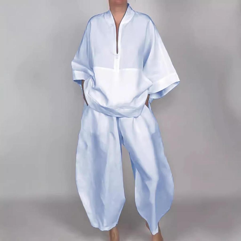 2024 Women's Autumn Loose Casual Half-Zip Top & Bloom Pants Set