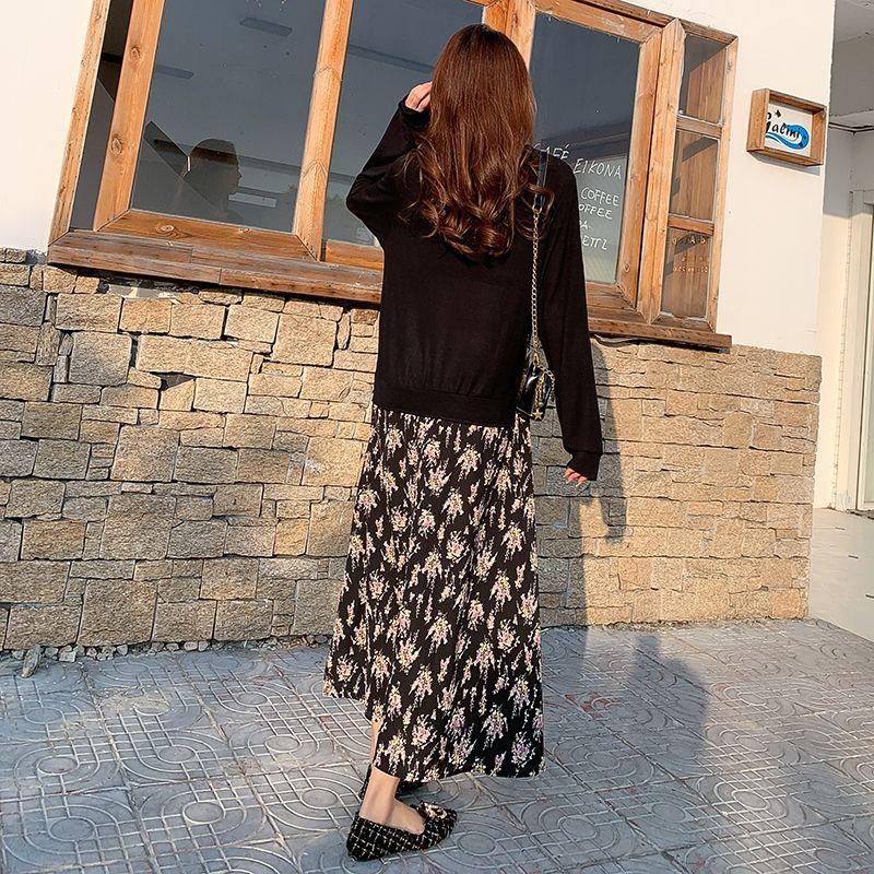 

European Station Spring plus Size Women s round Neck Long-Sleeve T-shirt Stitching Floral Print Large Swing Dress Fake Two-Piece Skirt Black Floral XL