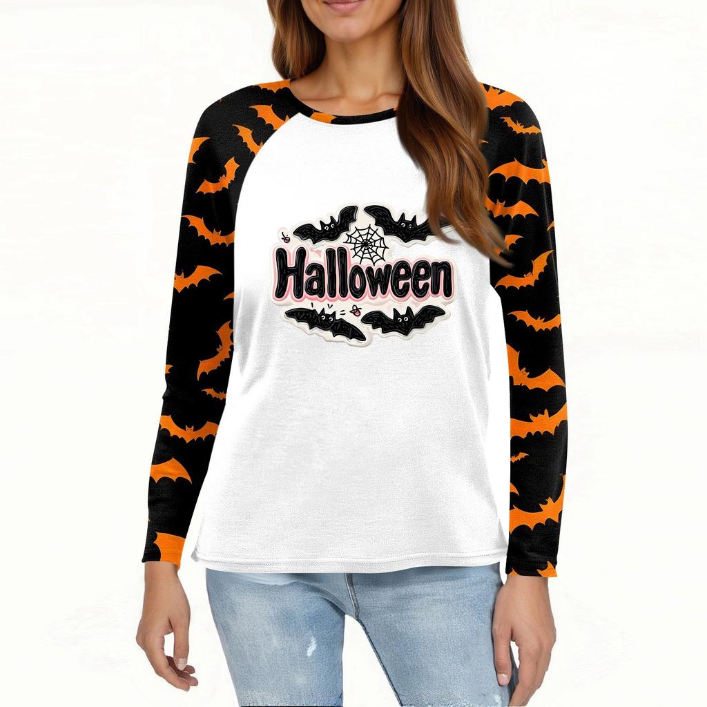 Damen T-Shirt Halloween-Print Langarm Täglich Mode Basic Rundhals Raglanärmel Oberteil