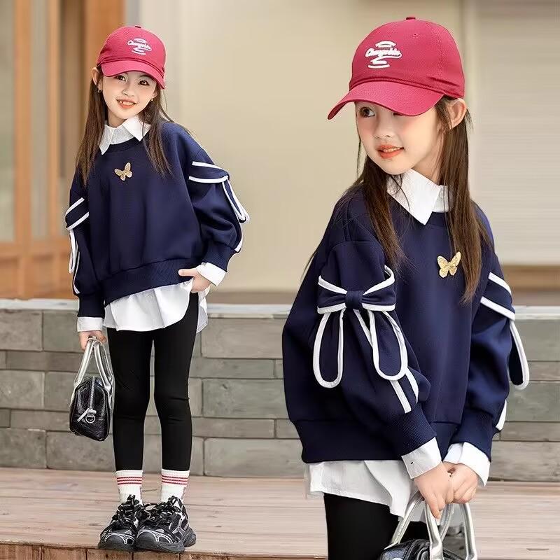 Girls' Trendy Sweatshirt: Spring/Autumn Two-in-One Shirt with Stylish Collar for Kids