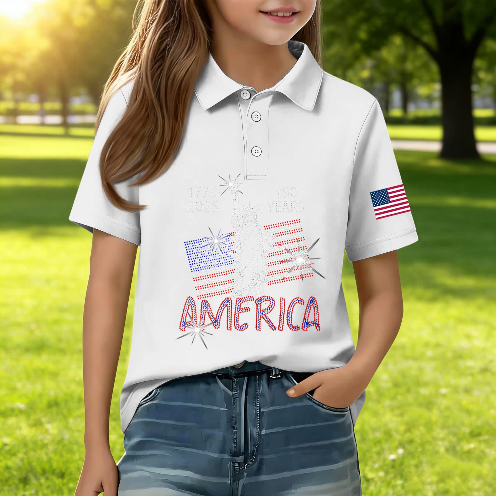 

Kids Casual Short Sleeve Polo Shirt Independence Day Print T-Shirt with Statue of Liberty and Flag Design Suitable for Daily Wear 120 білий