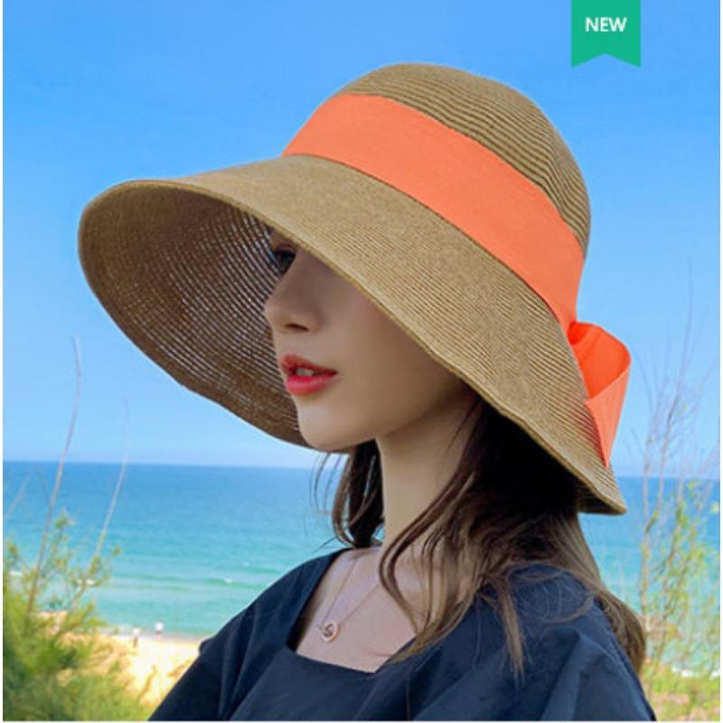 

Соломенная шляпа с бантом женская летняя для отпуска на море модная пляжная шляпа с большими полями для защиты от солнца и затенения, визуально уменьшающая лицо M（56-58cm） темно-оранжевого