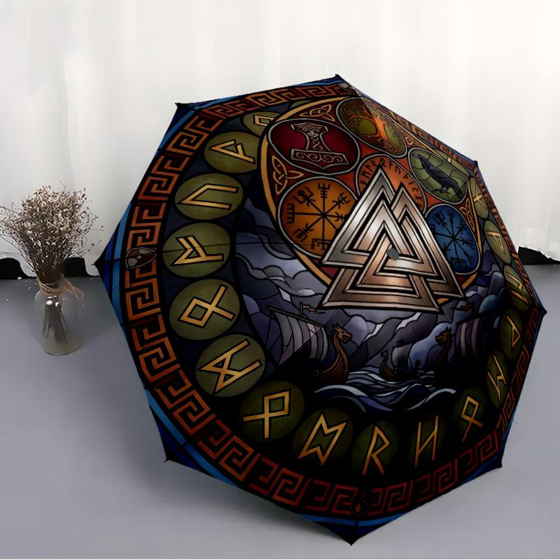 Norse Symbolism pattern umbrella, portable and foldable design, 8 ribs, a casual accessory for Halloween, Christmas, and birthday gifts.