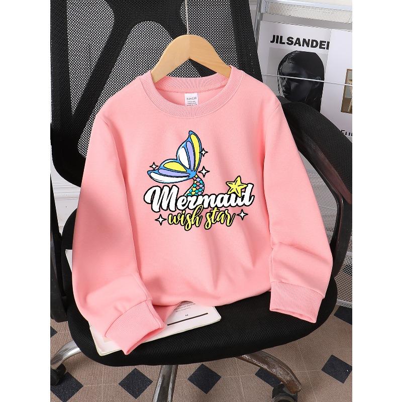 Girls' Soft Crewneck Sweatshirt Mermaid Wish Star Print Design with Cute Creative Print, Casual All-Match for Fall Winter, Ideal Holiday Present