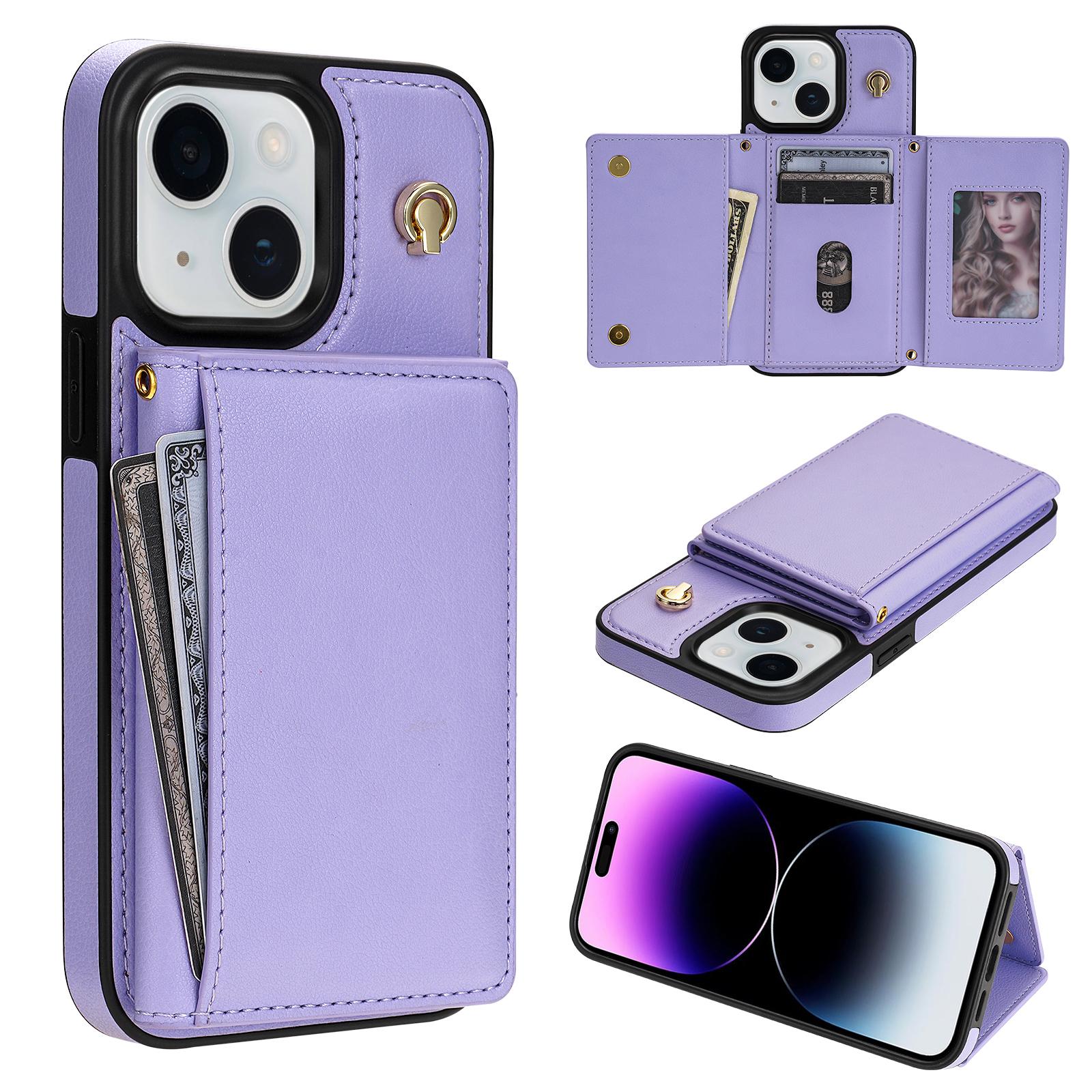 

BKS-003 For iPhone 15 Case Tri-Fold Card Holder Kickstand TPU+Leather Back Cover with Shoulder Strap Purple