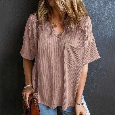 Women T-shirt V-Neck Short Sleeve T-Shirt with Pocket Trim Solid Color Casual Loose Tops Everyday Wear