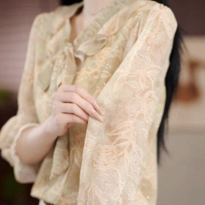 2026 Spring French Light Luxury Floral Tie-Up Three-Quarter Sleeve Top