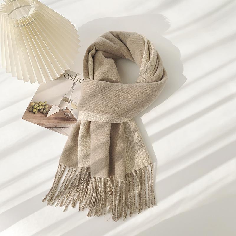 Double-Sided Solid Color Imitation Cashmere Scarf with Tassels – Cozy Korean Autumn/Winter Fashion for Students