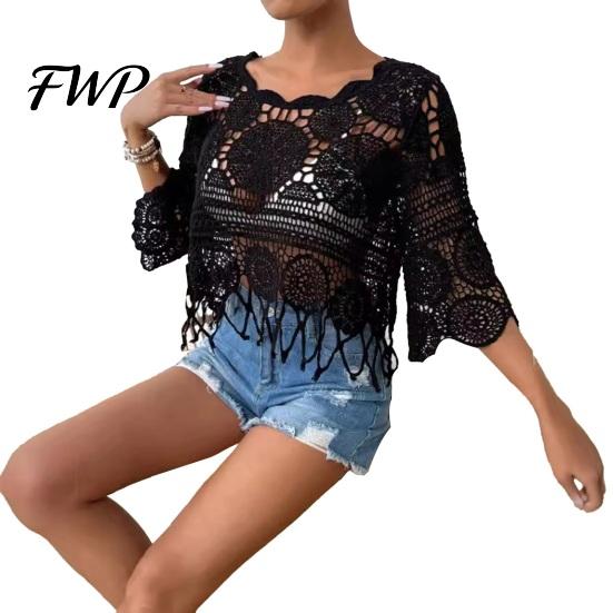 Tassel Hem Blouse Cover Up Tops Loose Fit Round Neck Three-Quarter Sleeve Crochet Hollow Fabric Beach Bohemian Shirt