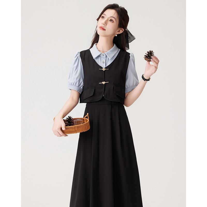 

Летний Сяоцин колледж стиль преподавания собеседование отпуск два талия короткий рукав платья XL чёрный