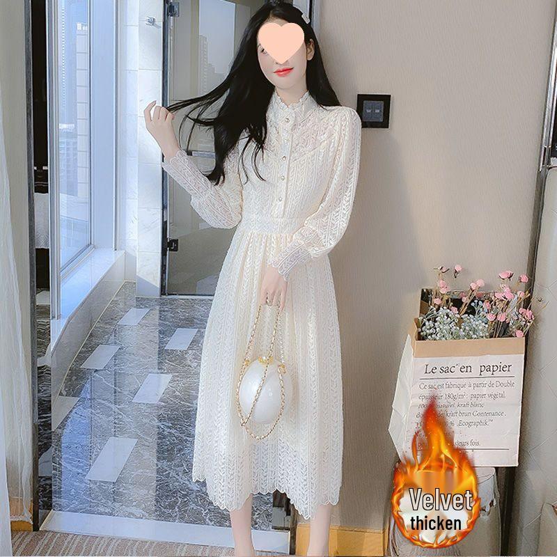 Women's Winter Lace Dress: Velvet, Thick, Elegant for Autumn/Winter 2025