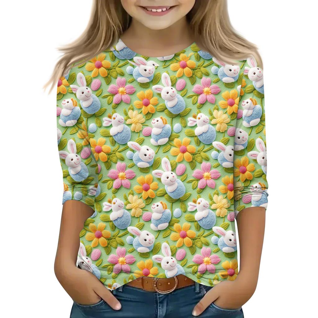 Print Tops For Youth Girls Round Neck 3/4 Sleeves T-Shirts Trendy Tops Outfit Tees
