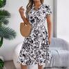 Summer Women's Fashion Print Pleated with Belt Knee-Length V-Neck Dress