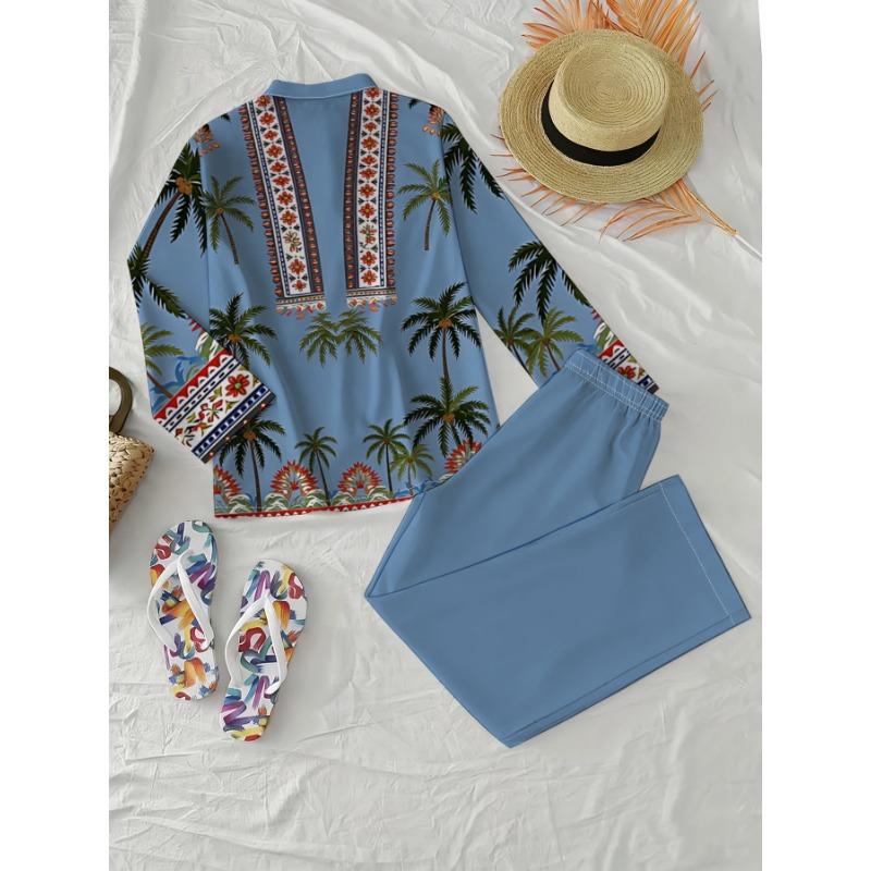 Light Blue Coconut Tree Ethnic Style Shirt Wide Leg Pants Suit Women's Bohemian Resort Style Two-piece Set
