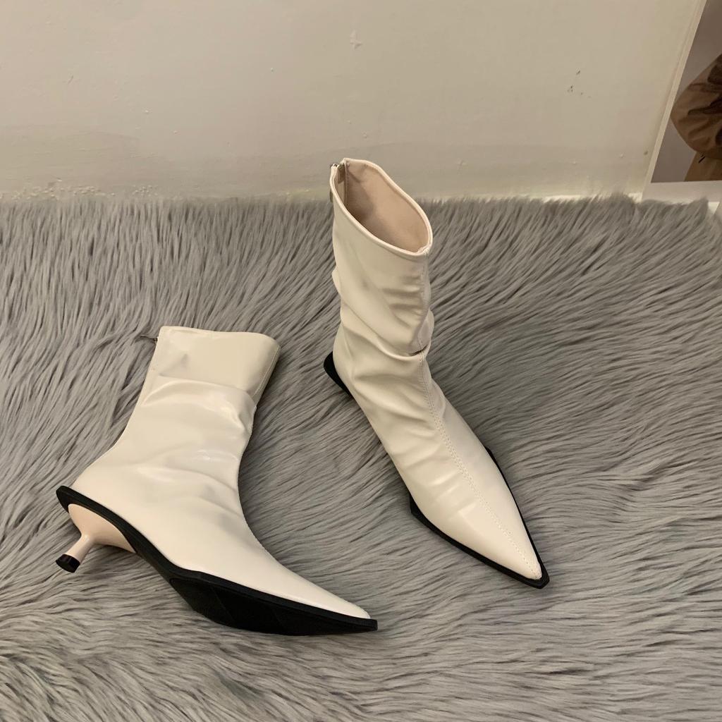 French temperament high heel thin short boots women's shoes 2025 new brown autumn and winter velvet pointed boots small naked boots