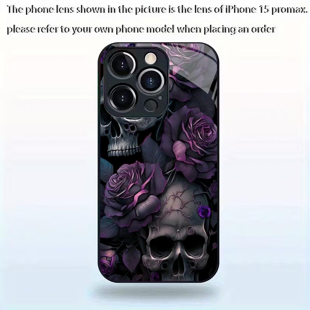 Purple flower skull pattern tempered glass phone case suitable for iPhone 17 16 15 14 13 12 11 Pro/Max/Plus anti drop back cover