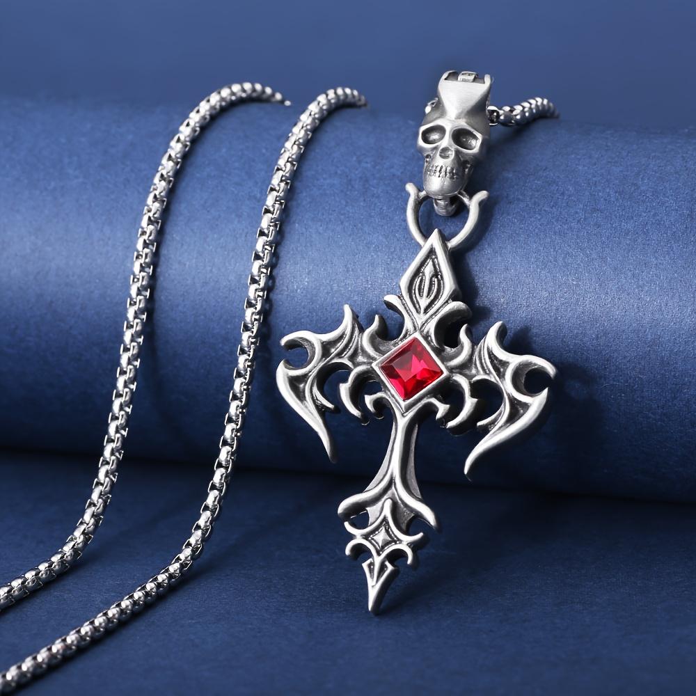 Gothic skull pendant necklace, set with red imitation gemstones - punk rock style, openwork cross design. 23.62inch