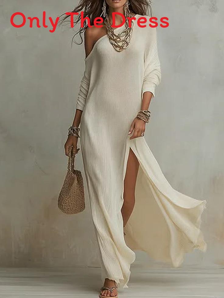 Elegant Long Sleeve Pleated Dress With Slit For Casual And Business Wear