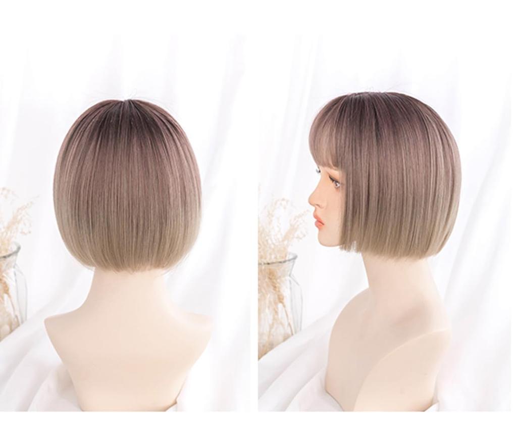 Eileen Bob Brown x Beige Parykk Naturlig Fluffy Parykk Rett Liten Ansiktseffekt Nett Inkludert Dame