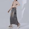 Saia Jeans A-Line Fenda Cintura Alta Retrô Americana Feminina - Comprimento Médio para Primavera e Outono
