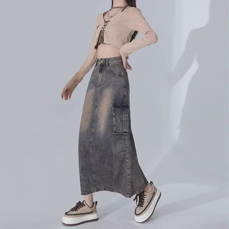 Saia Jeans A-Line Fenda Cintura Alta Retrô Americana Feminina - Comprimento Médio para Primavera e Outono