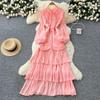 French Dress High-end Lace Splicing Waist Lantern Sleeve Ruffle Edge Long Dress Skirt