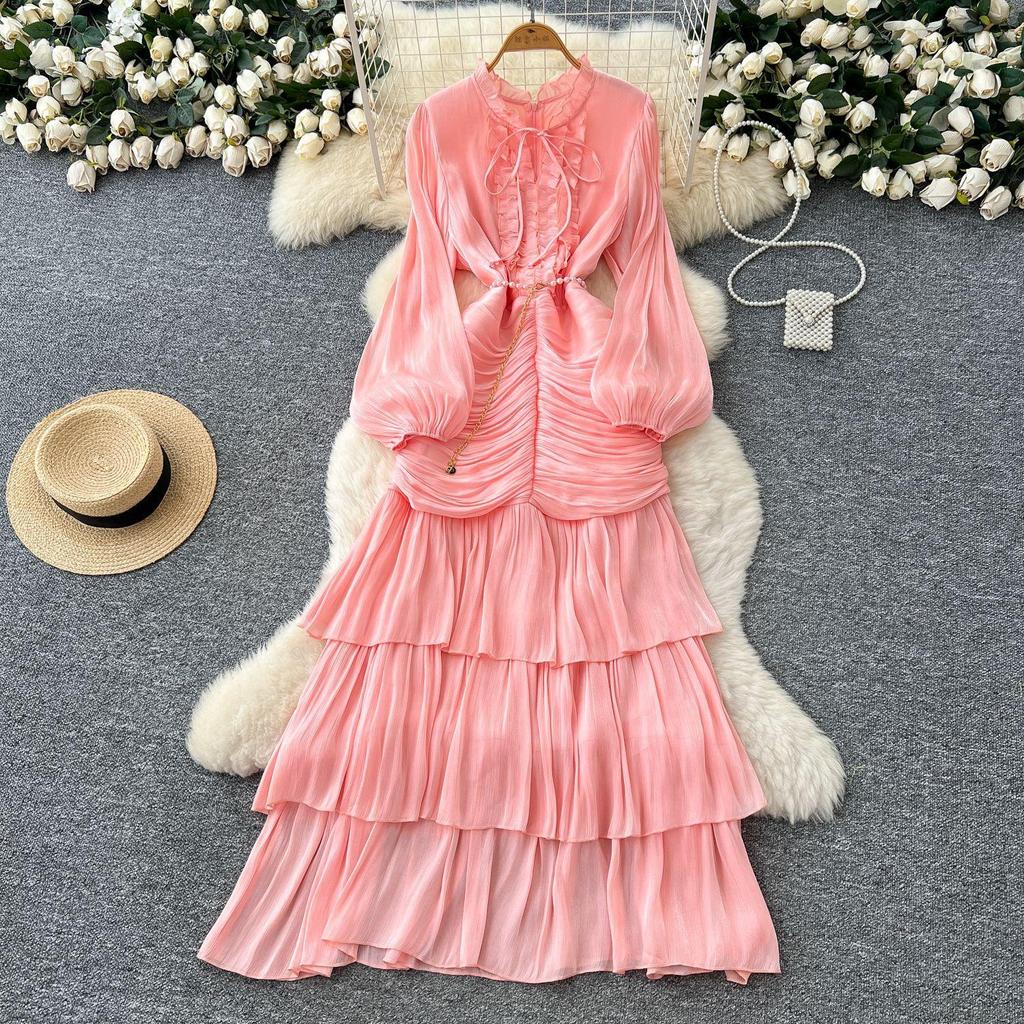 French Dress High-end Lace Splicing Waist Lantern Sleeve Ruffle Edge Long Dress Skirt