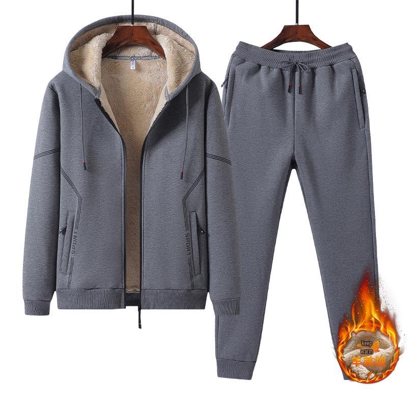 Lambswool Sports Suit: Plus Size Men's Fleece-Lined Hoodie & Cardigan Two-Piece Set for Autumn/Winter.