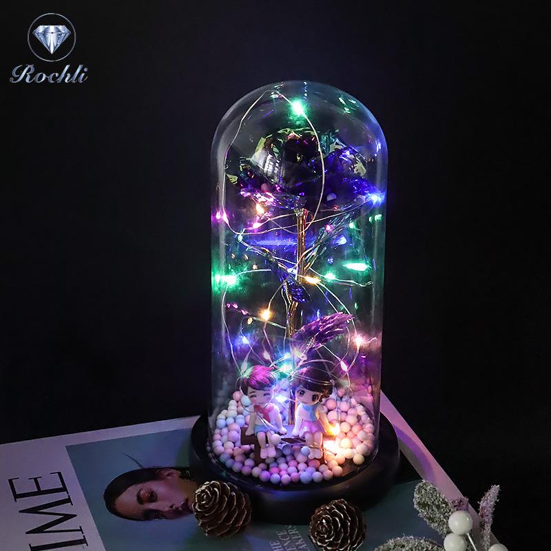 Rose Flower Preserved in Glass Dome with Night Light - Mother's Day or Birthday Gift Ornament