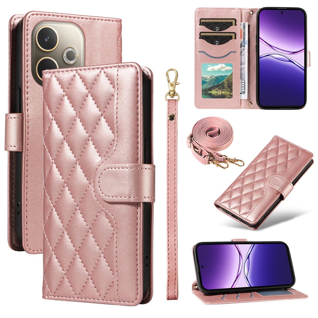 For Oppo A5 Energy 5G (China)/Oppo A5 Pro 4G (Global) Wallet Case Rhombus Leather Phone Cover with Strap